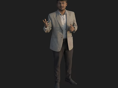 Man In Light Gray Blazer White Shirt Dark Pants Standing Gesturing With Hands Black Background 3d model