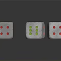 Three White Dice With Colorful Dots For Board Game Entertainment On Dark Reflective Surface