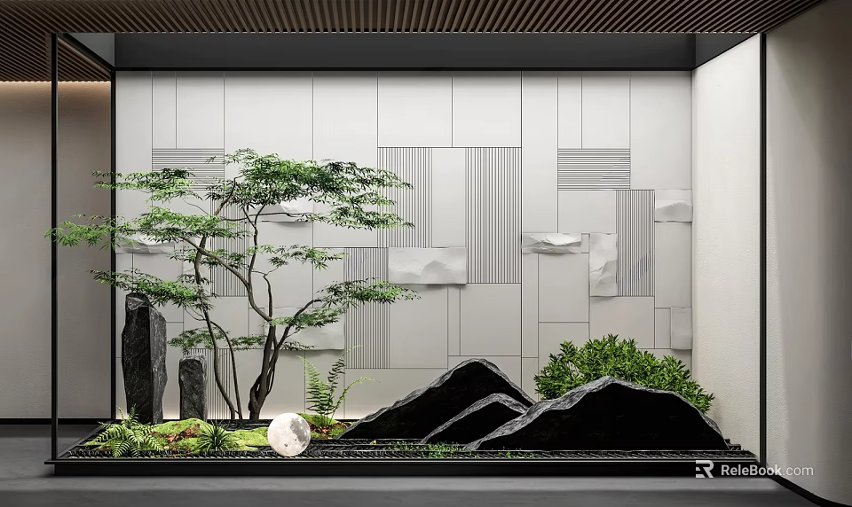 Modern Garden Ornament With White Geometric Wall Lush Green Tree And Black Rockery Stones 3d model 