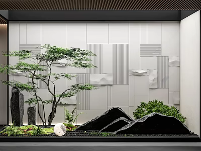 Modern Garden Ornament With White Geometric Wall Lush Green Tree And Black Rockery Stones 3d model