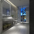 Modern Hotel Room with Wavy Wooden Decor Bed TV Desk and Floor to Ceiling Curtains