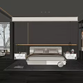 Modern Bedroom Interior With Dark Wooden Walls King Bed Nightstands Accent Chair And Area Rug
