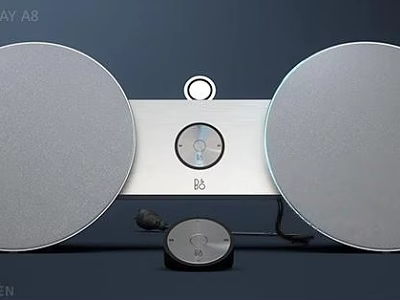 Modern Audio Speaker System With Dual Circular Speakers Central Control Panel And Remote Base Design 3d model