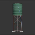 Green Water Tank With Red Steel Frame Elevated On Support Structure 3d model