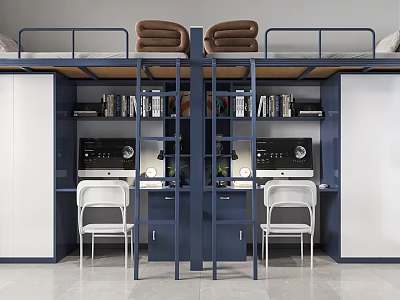Modern Bunk Bed Interior Design With Study Desks Bookshelves And Storage Cabinets 3d model