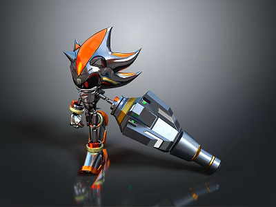 Hedgehog Like Game And Movie Character With Black Orange Fur Mechanical Limbs And Large Weapon 3d model
