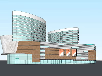 Modern Commercial Complex Featuring Curved High Rise Towers Glass Curtain Walls And Low Rise Sections 3d model
