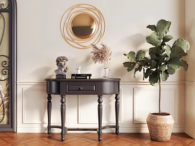 Elegant Black Entryway Console Cabinet With Gold Mirror Green Plant Woven Planter And Decorations 3d model