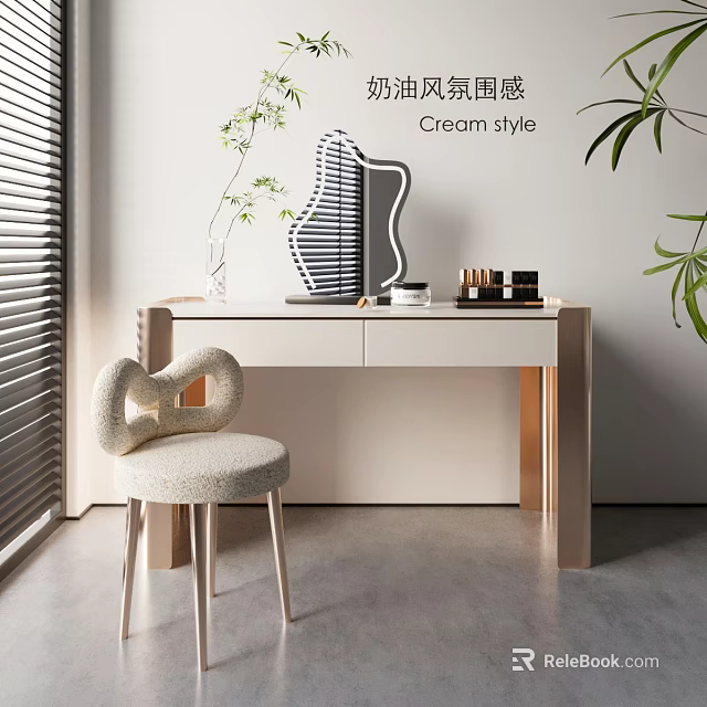 Cream Style Dressing Table With White Countertop Golden Legs And Cozy Heart Shaped Back Chair 3d model 