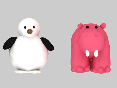 Cute White Penguin And Pink Hippo Stuffed Plush Toys For Kids 3d model