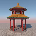 Traditional Chinese Ornate Two Tiered Pavilion With Yellow Roof Red Pillars