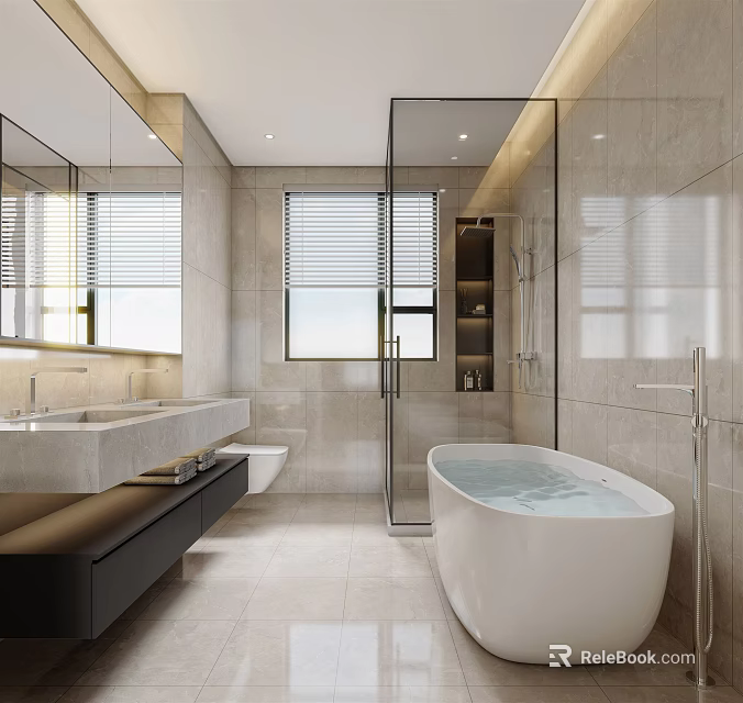 Modern Bathroom Interior Design With Double Vanity Freestanding Bathtub And Glass Shower Enclosure 3d model 