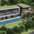 Modern Detached Villa With Green Roof Large Glass Walls Wooden Terrace Water Features And Greenery