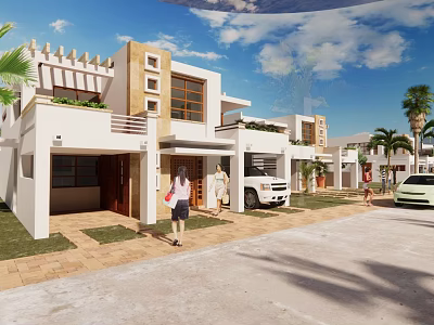 Modern Single Family House With White Exterior Palm Trees Driveway SUV And Front Porch 3d model