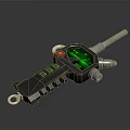 Futuristic Handheld Weapon With Green Screen Red Button And Silver Metallic Barrel