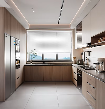 Modern Kitchen Interior With Wooden Cabinets White Blinds Stainless Steel Refrigerator And Mountain View 3d model