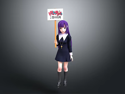 Anime Character With Purple Long Hair Holding Dark Uniform And Sign With Symbols 3d model