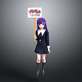 Anime Character With Purple Long Hair Holding Dark Uniform And Sign With Symbols