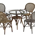Stylish Round Glass Top Dining Table Set With Rattan Chairs For Four 3d model