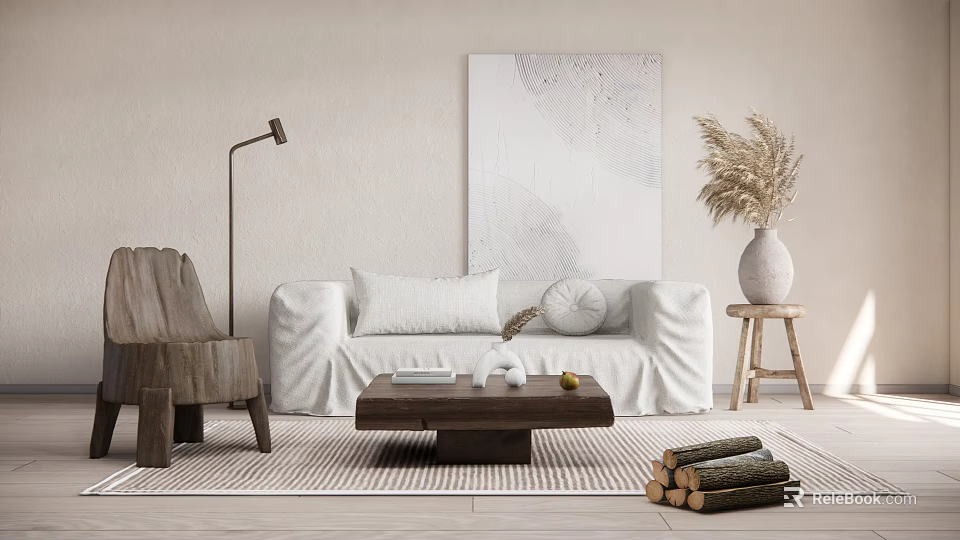 White Sofa and Wooden Coffee Table Set with Pillows Floor Lamp and Dried Grass Decor 3d model 