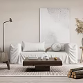 White Sofa and Wooden Coffee Table Set with Pillows Floor Lamp and Dried Grass Decor