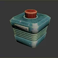 Square Shaped Blue Household Item With Red Lid Silver Stripes And Metal Plate Design