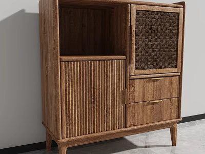 Modern Wooden Cabinet with Vertical Slats Woven Panel Drawers and Slim Legs 3d model