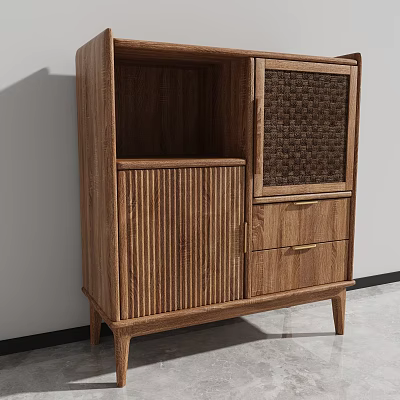 Modern Wooden Cabinet with Vertical Slats Woven Panel Drawers and Slim Legs 3d model