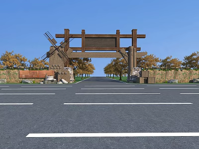 Wooden Entrance Gate With Beam Structure Stone Wall And Trees Along Paved Road 3d model