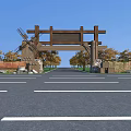 Wooden Entrance Gate With Beam Structure Stone Wall And Trees Along Paved Road 3d model