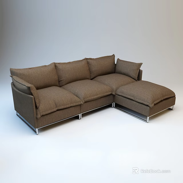 Modern Brown Fabric Sectional Sofa With Metal Legs And Multiple Cushions 3d model