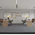 Modern Office Open Layout With Wooden Desk Whiteboard Charts Ergonomic Chairs Large Windows And Carpet