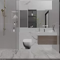 Modern Bathroom Washbasin Vanity With Marble Countertop Wooden Cabinet Mirror And Green Plant