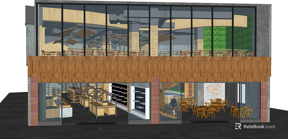 Modern Specialty Store Interior With Glass Facade Wooden Decor And Display Shelves 3d model 