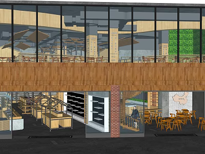 Modern Specialty Store Interior With Glass Facade Wooden Decor And Display Shelves 3d model