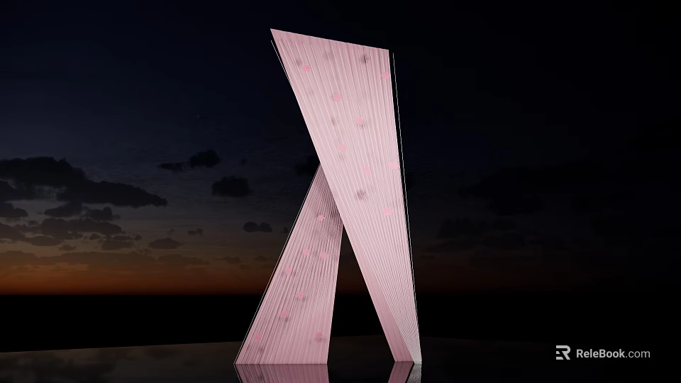 Double Pink Patterned Geometric Sculpture Against Dark Sky With Clouds 3d model 