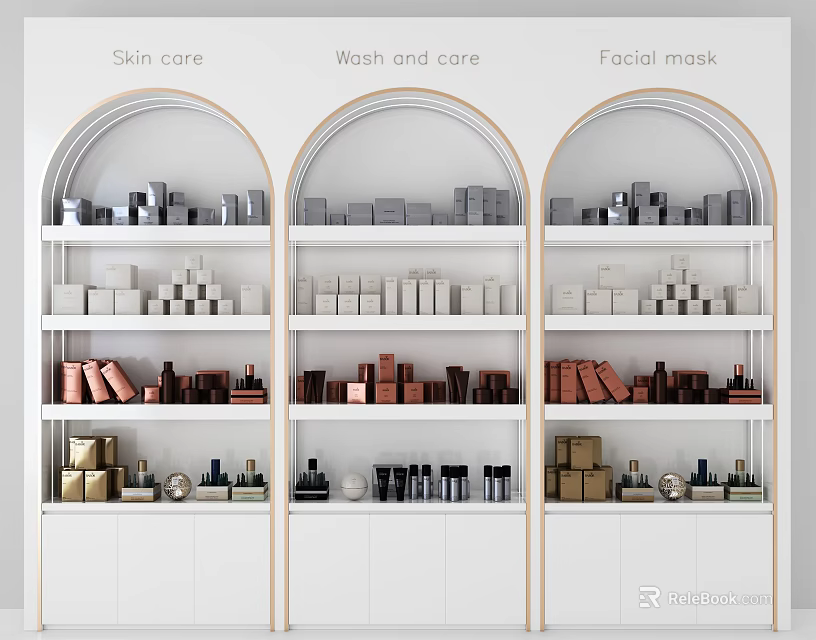 White Arched Display Shelves Featuring Skin Care Products Wash and Care Items and Facial Masks 3d model 