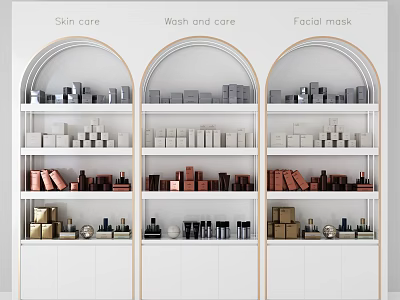 White Arched Display Shelves Featuring Skin Care Products Wash and Care Items and Facial Masks 3d model
