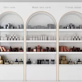 White Arched Display Shelves Featuring Skin Care Products Wash and Care Items and Facial Masks