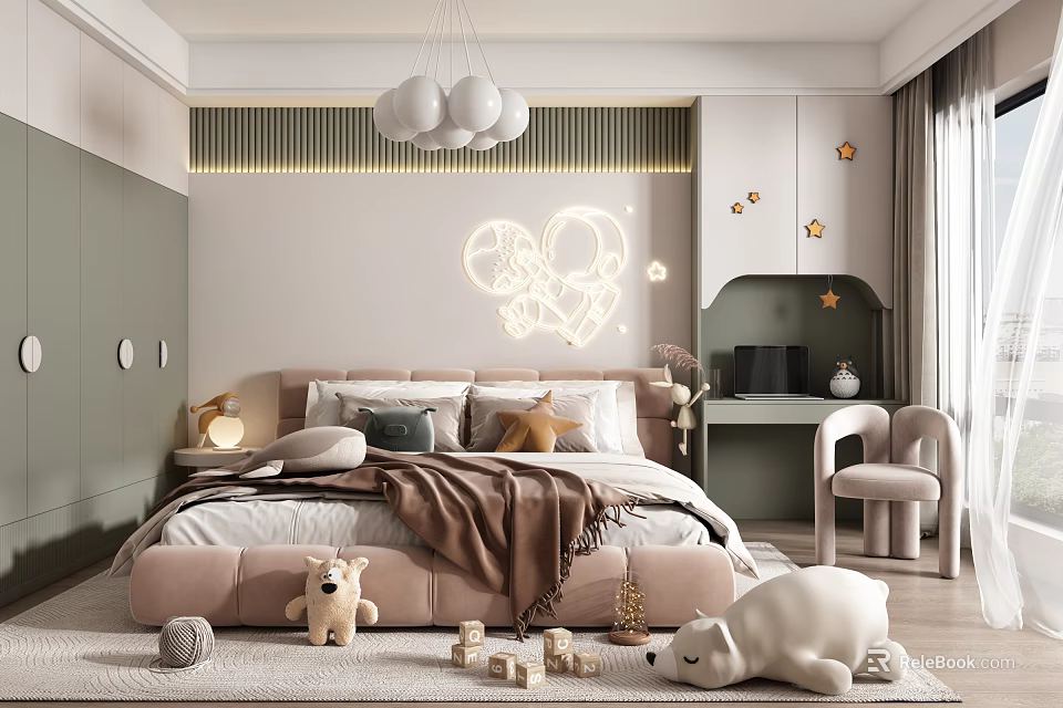 Modern Cozy Kids Room With Bed Neon Light Chandelier Desk And Stuffed Toys 3d model 