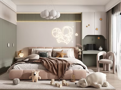 Modern Cozy Kids Room With Bed Neon Light Chandelier Desk And Stuffed Toys 3d model