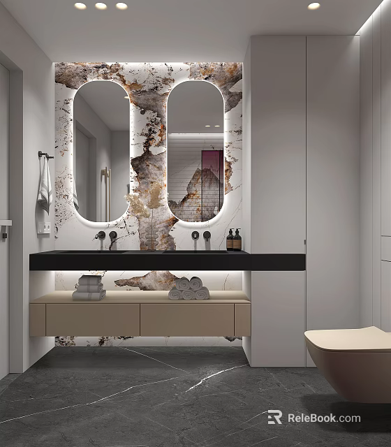 Modern Bathroom with Double Oval Mirrors Marble Texture Wall Vanity Black Countertop Cabinets Towels Toiletries 3d model 