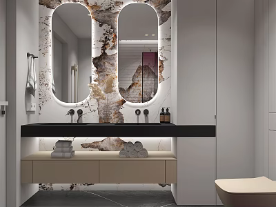 Modern Bathroom with Double Oval Mirrors Marble Texture Wall Vanity Black Countertop Cabinets Towels Toiletries 3d model