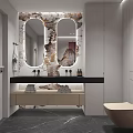 Modern Bathroom with Double Oval Mirrors Marble Texture Wall Vanity Black Countertop Cabinets Towels Toiletries