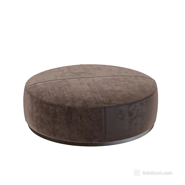 Round Brown Velvet Ottoman With Stitched Design And Sturdy Base 3d model 
