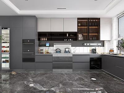 Modern Kitchen With Gray Cabinets Appliances And Marble Floor 3d model