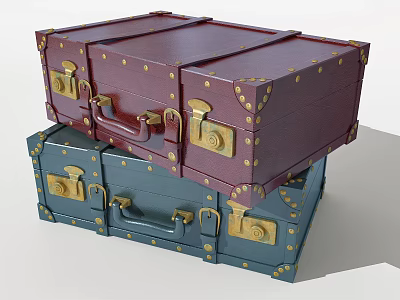 Stacked Dark Red And Navy Blue Trunks With Gold Metal Clasps And Rivet Details 3d model