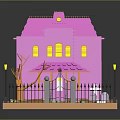 Pink Toy House With Purple Roof Yellow Windows Black Fence Street Lamps Tree And Tombstones