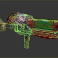 Futuristic Sci Fi Weapon With Red Grip Blue Component And Two Black Discs On Top