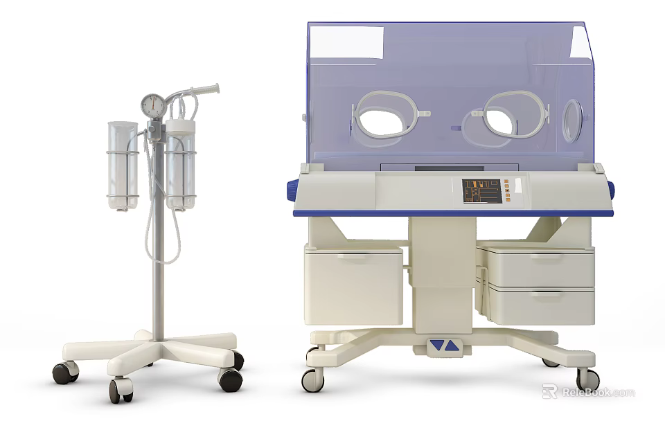 Professional Medical Equipment Including Neonatal Incubator And Mobile Stand With Containers 3d model 